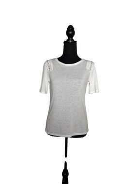 Topshop White Short-Sleeve Knit Tee with Shoulder Detail US Sz 2
